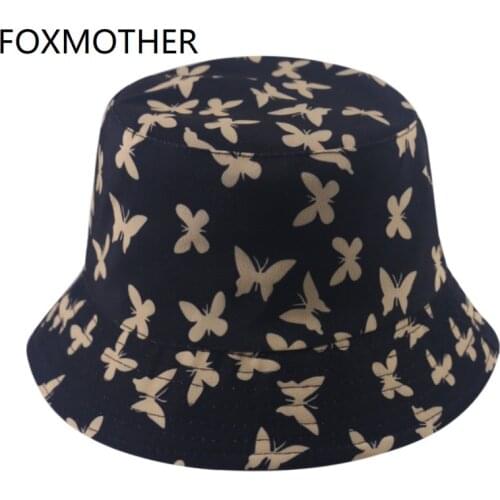 FOXMOTHER 2021 New Fashion Reversible Black Butterfly Print Bucket Hats Bob Fisherman Caps Women Ladies gorras