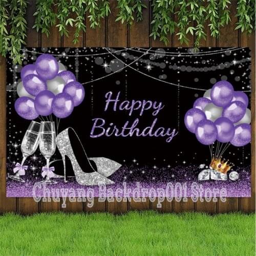 Silve Purple Happy Birthday Party Lady Photo Backdrop Girls Balloon Photography Background Shining Banner Photocall Gift Decor