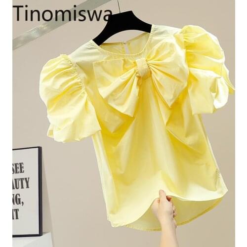 Tinomiswa Puff Sleeve Blouse Women O Neck Bow Knot Decoration Ruched Irregular Tops Female Casual All-match Shirts Blusas Mujer