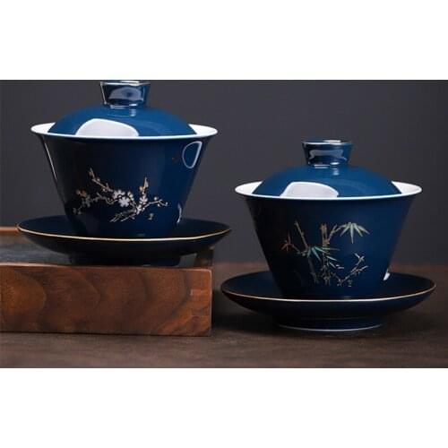 Ultra-blue Phnom Penh Large Sancai Covered Bowl Separately Not Hot Hand-made Tea Cup Ceramic Bowl with Cover Kung Fu Tea Set