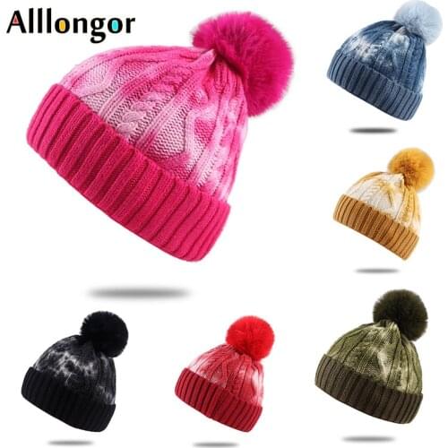 Tie Dye Knitted Hat Winter Beanie Women 2021 Warm Autumn Grils Pompom Twist Weaving Bobble Hat Pom Cap Female Skullies Beanies
