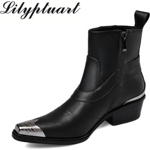 2019 European and American style cowhide material metal decorative booties square head zip closure fashion boots women