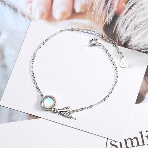 925 Sterling Silver Moonstone Mermaid Tail Charm Bracelet &Bangle For Women Wedding Jewelry Party SL304