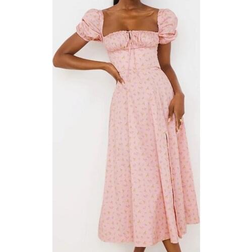 2021 summer women Tube Top Slit split Dresses Fashion Printed floral Vestidos Short puff Sleeve small fresh Flower Midi Dress
