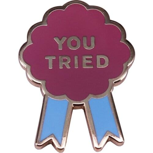 Red Flower Shape Prize Blue Ribbon You tried Enamel Badge