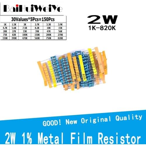 150PCS/LOTE 2W 1% Metal Film Resistor 30 Kinds Each Value Metal Film Resistor Assortment Kit resistors 1K-820K 10K 15K 20K 27K