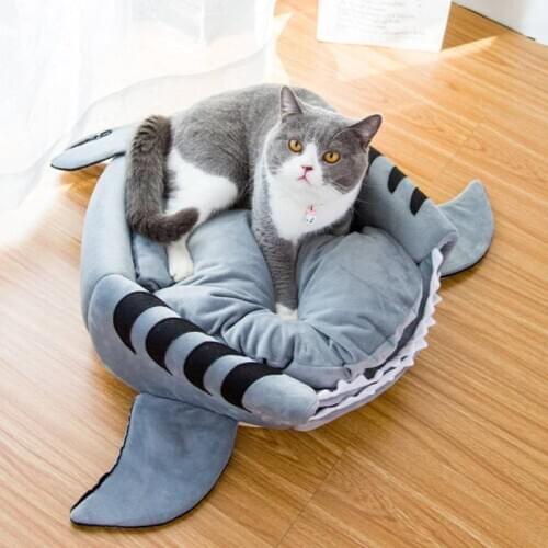 2020 New Pet Nest Shark Pet Dog Cat House Cushion 2 In 1 Creative Soft Puppy House Winter Warm Washable Cat Bed Cute Dog Mat