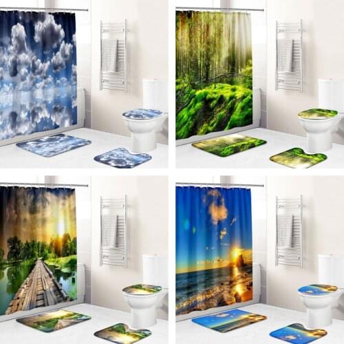 3D Bathroom Accessories Realistic Scenery Blue Sky Waterproof Fabric Bath Curtain Cover Non Slip Carpet Bath Cover Bath Mat