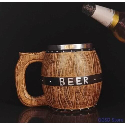 450/550ml Wooden Barrel Beer Mug Stainless Steel Beer Cup Goblet Coffee Cup Cocktail Wine Glass Mugs with Handle Drinkware Gifts