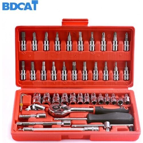 46pcs 1/4-Inch Auto Repair Socket Set Ratchet Torque Wrench Combo Tools Kit Pawl Spanner Screwdriver Car Repairing Tool Sets