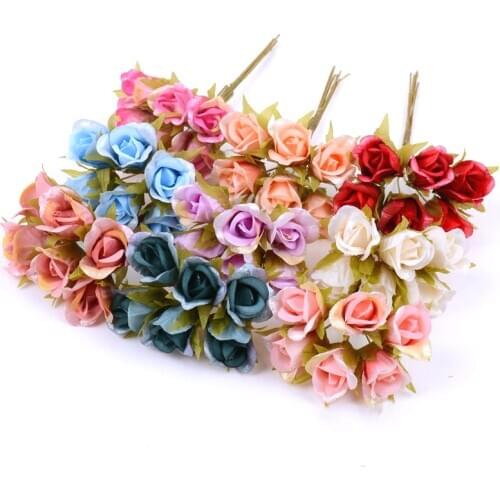 6pcs Silk Rose Artificial Flower Bouquet Wedding Party Decoration DIY Stamen Handmade Wreath Gift Scrapbooking Craft Fake Flower