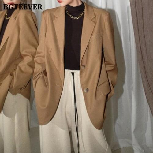 BGTEEVER Chic Vintage Loose Women Solid Blazer 2021 Autumn Notched Collar Single-breasted Female Suit Jackets Ladies Outwear
