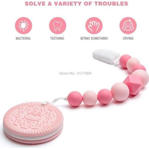 DHL 50pcs Baby Biscuit Teethers Pacifier Clips Chain Baby Pendant Nipple Holder Baby Teething Toys BPA Free Biscuit Chew Beads