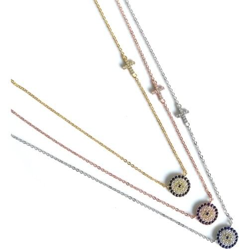 Classic evil eye disco charm with cz cross chain 16"+2" 925 sterling silver necklace