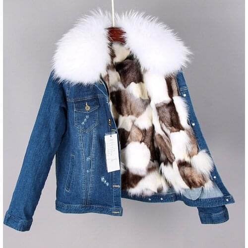 Short Denim Jacket Real Fox Fur Parka Coat Raccoon Fur Collar Jeans Jacket Liner Fashion 2021 Natural Bomber Winter Women Hooded