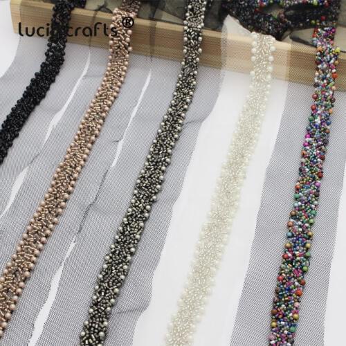 Lucia Crafts 1.7M Pearl Hand Hook Net Lace Fabric 15mm Beaded Ribbon Sewing Tape DIY Headdress Materials P0815