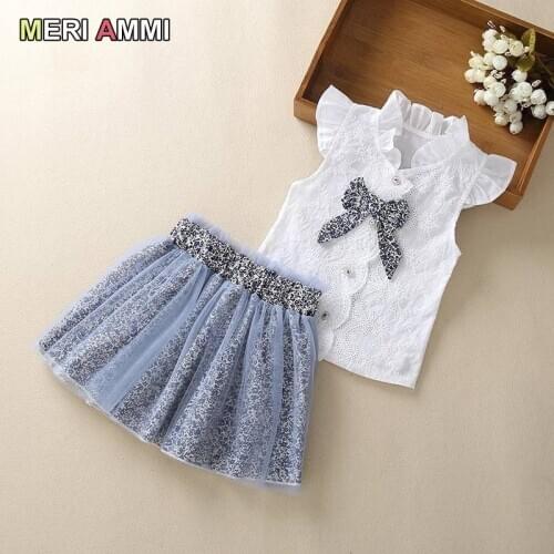 MERI AMMI 2 PCS Children Girl Clothing Outfit Set Sleeveless Floral Tee +Flower Skirts For 2-13 Year Kids