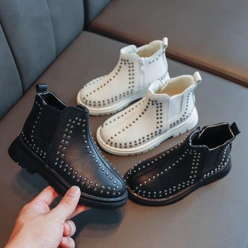 Fashion Leather Girls Martin Boots Zipper Girls Rivet Ankle Boots 2020 Autumn and Winter Plus Velvet Waterproof Kids Boys Shoes