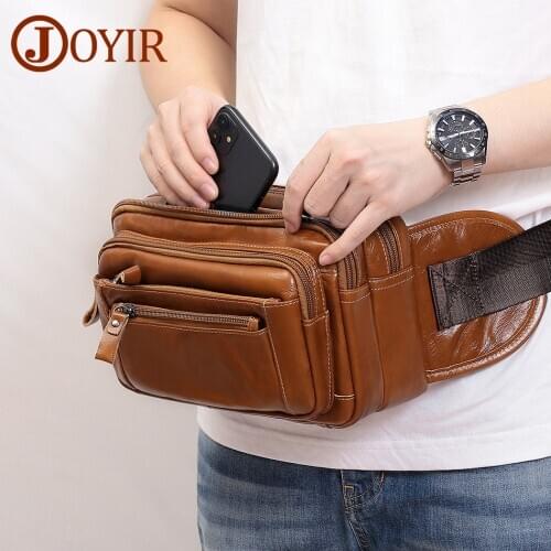 JOYIR Genuine Leather Mens Waist Bags Belt Men Waist Pack for Cigarette Phone Pouch Bum Bag Multifunction Chest Bag Fanny Pack
