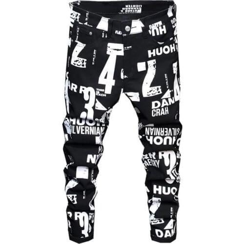 New Mens White Letters Numbers Print Black Jeans Trendy Sim Fit Stretch Denim Pencil Pants Trousers