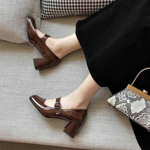 Osunlina Woman Pumps High Square Heels Round Toe Mary Janes Pumps Buckle Strap Black Brown Handmade Elegant Lady Shoes 2021 New