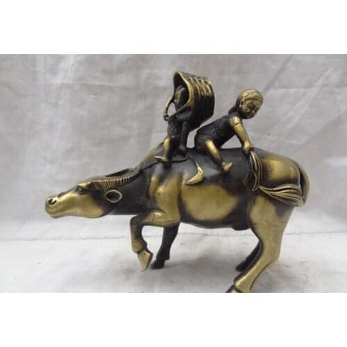 Song voge gem S2796 8" Chinese Bronze 2 Kid Children On Basket Corydon Ride Strong Bull Ox Statue