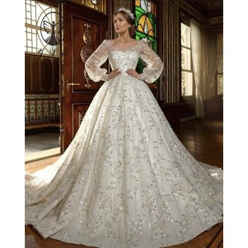 Luxury Robe De Mariee Scoop Long Sleeve Beaded Lace Leaf Ball Gown Princess Wedding Dresses 2022