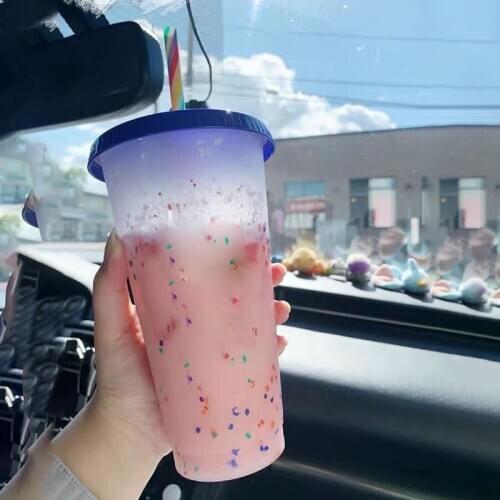 With Straws Creative Water Cups Magical Plastic Cold Water Color Changing Cup Tumbler Discoloration Changing Reusable Colour Cup