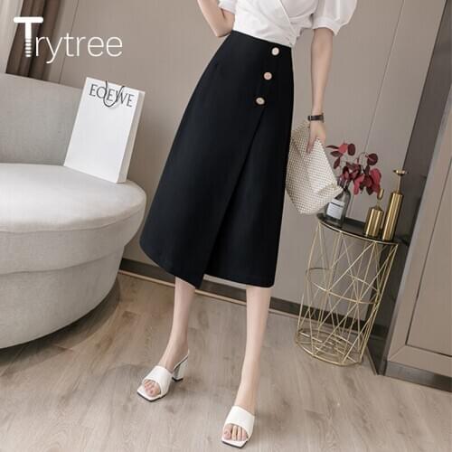 Trytree 2021 Spring Summer Casual Woman Skirt Solid Buttons Zipper Asymmetric Hem A-line Mid-Calf Office Lady Silky Skirts Women