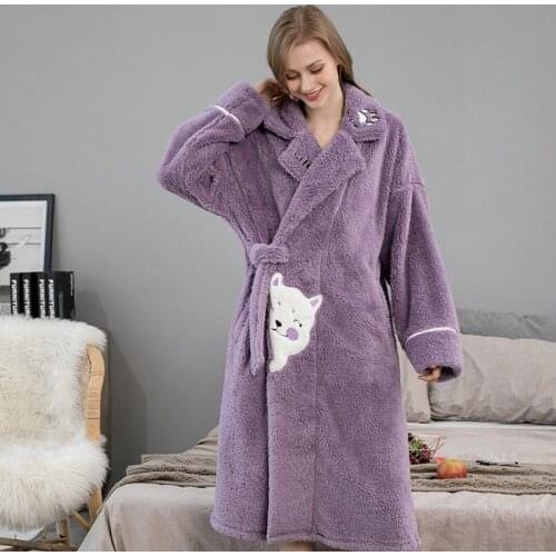 Cat Robes for Women Winter Warm Flannel Coral Fleece Nightdress Sleepwear Female Pajamas Home Clothes Long Kimono Hotel Bathrob