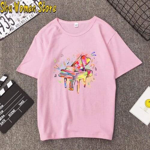 Large Size Summer 2021 New Korean Style Versatile round Neck Oil painting piano Print Loose Short Sleeve T-shirt Fashion tops