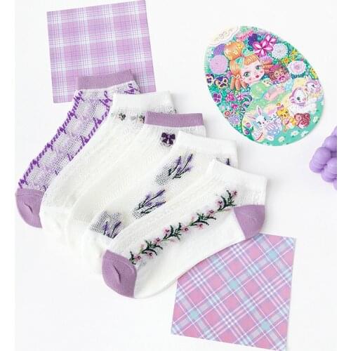 Dreamlikelin Summer Women Mesh Socks Breathable Korean Style Plant Lavender Girls Purple Short Socks