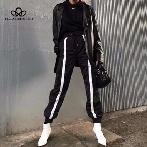 HStar 2020 Women Vintage Straight Pants Casual Striped Spliced Female Long Pants Fashion Drawstring Loose Pants