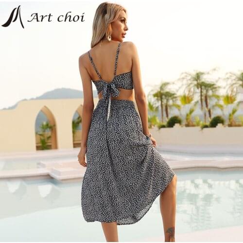 Summer Sexy Two Piece Sets Sexy Outfit Suit Women Flowered Slim Tank Crop Tops Vest Beach Boho Long Dress 2 Piece Sets