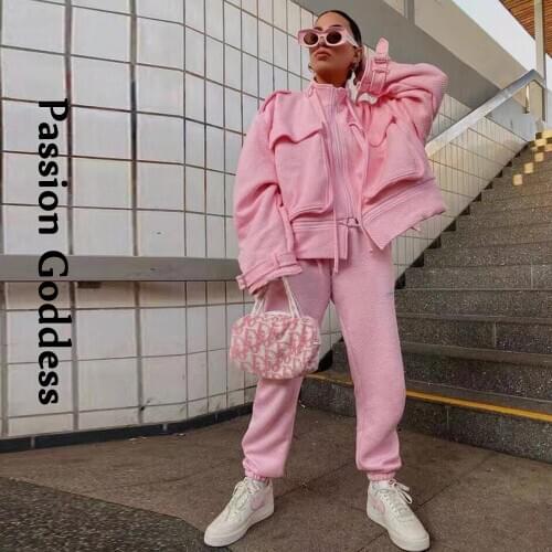 Fall Women 2 Piece Jacket Pants Tracksuits Set Big Pocket Zipper Cargo Jacket High Waist Drawstring Sweatpants Two Piece Outfits