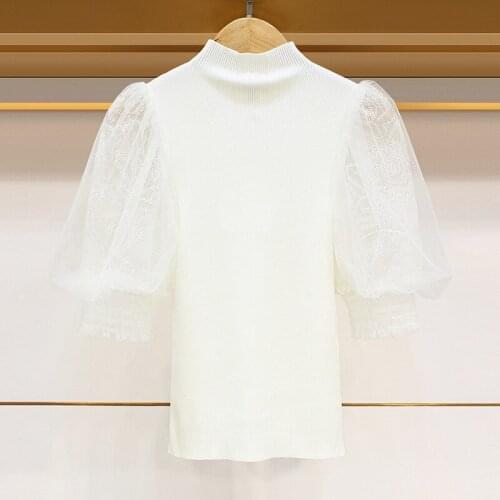 New Arrival Autumn Spring Black White Knitted Top Slim Fit Mesh Lace Lantern Sleeve Party Sweater Women Pullover Pull Femme