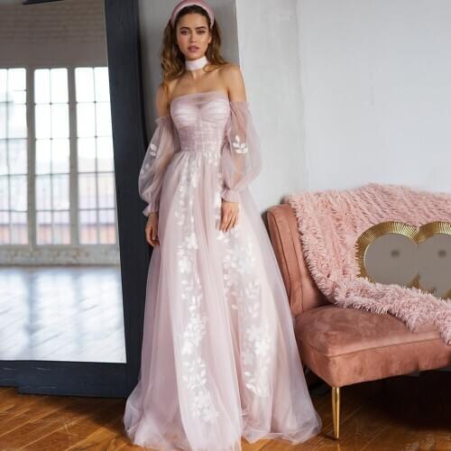 Strapless Appliques Lace Removable Sleeve Tulle A-Line Blush Pink Simple Wedding Dress 2021 Bridal Gown Vestido De Novia WD272