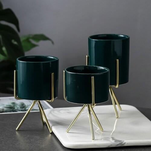 1 Piece Dark Green Ceramic Vase Nordic Minimalism Style Iron Display Rack Landscape Shelf Flower Plant Pot Home Decor