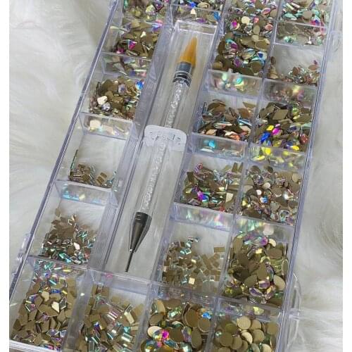 2000pcs AB Crystal Rhinestones Set, Rhinestones Nail Art Gems 9K Clear Class Multi-Shape Flat Back AB Shiny Nail Jewels (1 pen)