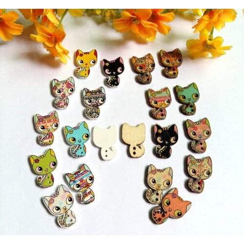 50pcs/lot mix color cat Wooden Buttons for Crafts DIY Sewing Accessories Decorative Buttons Sewing Scrapbooking