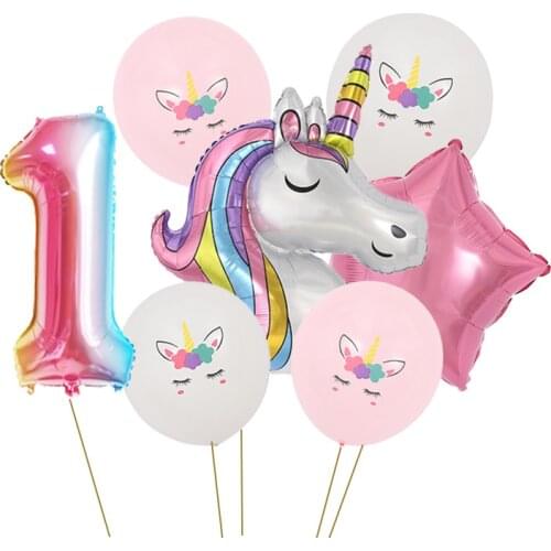 7pcs Aluminum Film Balloon Baby Birthday 1-9 Number Balloon Cartoon Unicorn Latex Balloon Set Party Decoration