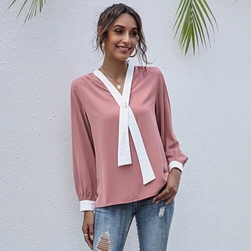 Elegant Chiffon Blouses Women New Fashion Long Sleeve V-Neck Cross Bow Tie Patchwork Office Blouse Casual Loose Female Shirt Top