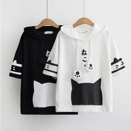 Dropshipping Mori Girl College Style Loose Large Size Cute Cartoon Cat Drawstring Pullover Sweatshirt