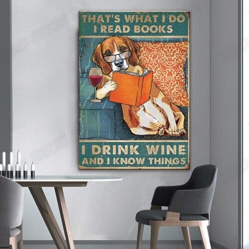 Funy Beagle Poster I Read Books I Drink Wine Know Things Wall Art Hanging Poster Painting Canvas Abstract Watercolor Home Decor