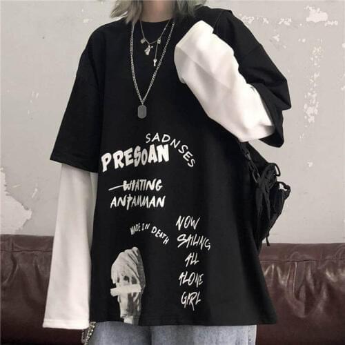NiceMix Black Letter Print Tshirt Loose Punk T-Shirts Womens Autumn High Street T Shirts Funny Long Sleeve Tshirt Streetwear Gir