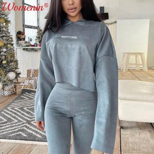 Letter Print Women Tracksuit Sets Fleece Hooded Skinny Jogger Two Piece Set Female 2021 Autumn Winter Sexy Causal Ladies Suit