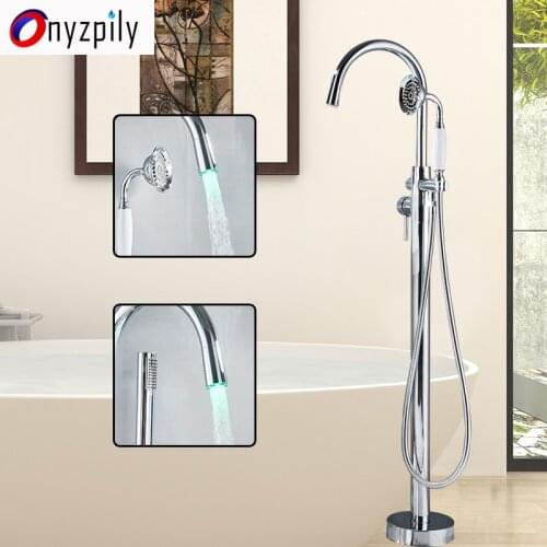 Onyzpily Bath Shower Faucet Chrome LED ABS/Ceramic Handheld Floor Mounted Bathtub Faucet shower Freestanding BathTub Sink Tap torneira piso