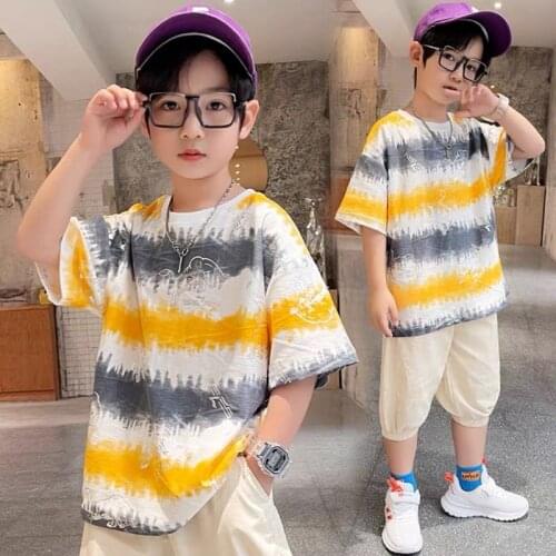 Summer Cotton Boy Short-Sleeved T-Shirt Popular Fashion Personality Casual Loose Thin Childens Tie-Dye Printing Top Pullover