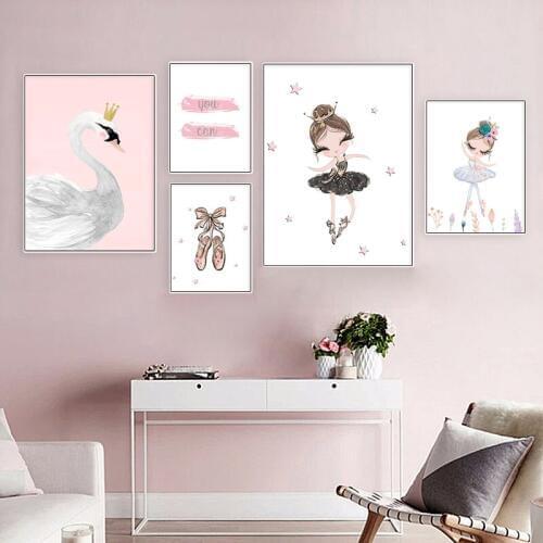 Cartoon Swan Canvas Poster Ballet Dancer Painting Wall Art Picture Print Nordic Bay Girl Bedroom Decoration Pictures Home Decor