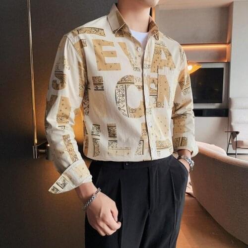 Men shirt New Autumn Full Sleeved Polyester Spandex Shirt with Paisley Patterned Big Letter Decoration and Turn Down Collar top
